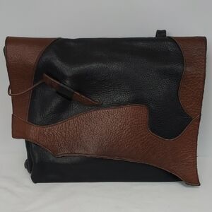 Kathryn Laibson Black and Brown Leather Messenger Bag.